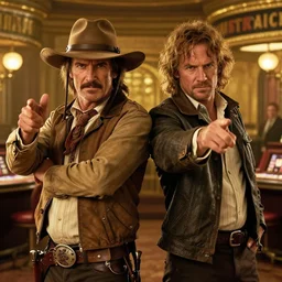 wyatt earp and doc holliday robs a casino, kurt russell and val kilmer, hyperrealistic, volumetric golden dappled dynamic lighting, highly detailed, sharp focus, by victo ngai, artgerm