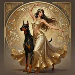 full body photography of a female anthropomorphic doberman arabian dancer, deep focus, d & d, fantasy, intricate, elegant, highly detailed, digital painting, artstation, concept art, matte, sharp focus, illustration, hearthstone, art by artgerm and greg rutkowski and alphonse mucha
