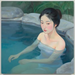 hyperrealism beautiful chinese woman bathe in a hot spring, yumiko kayukawa, drab blue greens, dark greens, highly detailed, canvas, acrylic paint