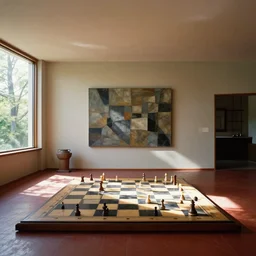 a interior of a home by frank lloyd wright, chess board, sunbeam, art, craig mullins,