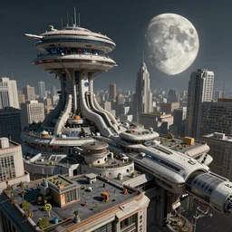 an intricate, detailed matte painting of a rooftop in the futuristic city that has many aerials and structures on top with a huge, realistic moon in the background, dramatic lighting, 4k, trending on artstation, by Syd Mead