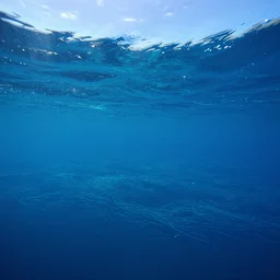 A beautiful underwater view of a blue ocean on an alien world, cinematic view, water world, blue sky, azure waves of water, science fiction, daylight, by John Harris, Federico Pelat, Ivan Aivazovsky, Matte Painting, 4k,
