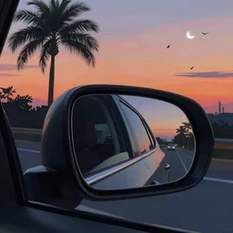 a synthwave realistic painting for a zoomed in car side mirror with a dark palm trees, birds and small white crescent in the background