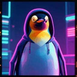 penguin in hoody, portrait, vaporwave, synthwave, neon, vector graphics, cinematic, volumetric lighting, f 8 aperture, cinematic eastman 5 3 8 4 film, photorealistic