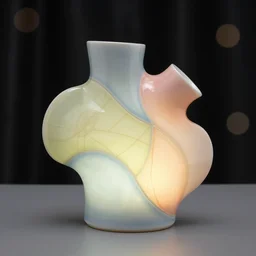 study of shino oribe yayoi kintsugi ceramics with bold innovative organic shape, pastel colors, individual piece, black curtain background, lacquer, carved lacquer, bokeh, nightlight, studio lighting, hard lighting