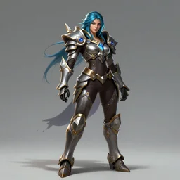 hyper detailed ultra sharp full body character portrait of a woman wearing hextech armor, league of legends splash art, in the style of arcane tv show,