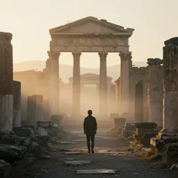 a 3 5 mm photo of a person standing in the ruins of an ancient city in the morning mist, greek and roman ruins, bokeh, canon 5 0 mm, cinematic lighting, volumetric light, octane, octane render, redshift render, golden hour, pompeii