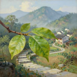 a gorgeous painting by barlowe wayne maxfield parrish and marco mazzoni. a very close - up shot on a branch with 3 leaf!! china mountain village!! sunny morning. the winding stone steps. ultra clear detailed. 3 d, octane render. 8 k