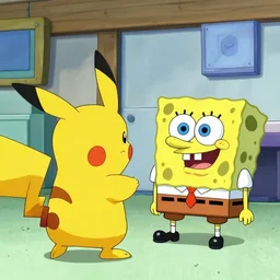 Detective Pikachu interrogating Spongebob