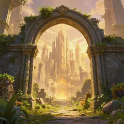 overgrown ruined thin stone archway into a magical city, beautiful, intricate, detailed, golden light, 3 d animated movie frame, 8 k