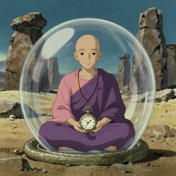 hyperrealist, studio ghibli dull colors portrait from close encounters of the third kind 1 9 7 7 of a mauve pocketwatch monk meditating in a snake bubble desert stonehenge.
