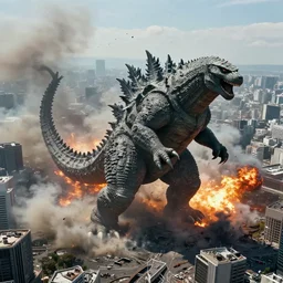 an aerial shot of a massive kaiju monster attacking tokyo. photorealistic, cinematic, highly realistic render, wide view, wide angle, 8 k, apocalyptic, destruction, explosions, fires, smoke