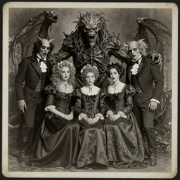 vintage photograph monochrome plate, monstrous mutant victorian family of demonic freak people posing with horrendous lovecraftian god monsters, distressed old photo, deteriorating, grunge, antique, slight sepia tone, horror, madness
