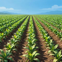 immaculate rows of crops, distant blue skies in the background, digital 2d fantasy art