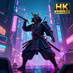 A samurai in a cyberpunk city in a synthwave style. Wide shot, High action glowing neon lights, digital art, artstation, cinematic, volumetric lighting, Award winning, ultra high resolution, intricate details, rendered with unreal engine, octane render, UHD 8K
