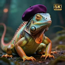 psychadelic iguana wearing a beret, epic scene, professional photo by jimmy nelson, dynamic lighting, digital art, winning award masterpiece, fantastically beautiful, trending on artstation, art by greg rutkowski, 8 k