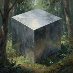 a giant metallic cube in the forest, realistic sci-fi painting by simon stålenhag, trending on artstation