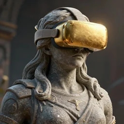 a hyper real comic book style portait painting of a stone statue with a golden vr headset on it, unreal 5, hyperrealistic, octane render, cosplay, rpg portrait, dynamic lighting