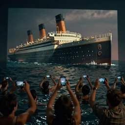 by night, the titanic is sinking, many people are swimming in the foreground, they all raise their smartphones up above the water, filming the titanic sinking, can see the titanic on the lcd screens, photo realistic, by james cameron in the moovie titanic