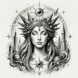 a sketch drawing, ultra detailed, astral, magic, shamanic, beautiful, third eye, beautiful woman, surreal city, trending on artstation