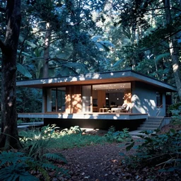 architecture ad for a mid-century modern house in the forest, designed by Bjarke Ingels. Film grain, cinematic, colorized, blue hue