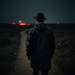 analog photograph of a man from the back wearing a raincoat and a hat in a lost trail at night by mark owen. red lights. bokeh. cinematic. hq. detailed. contrast. cinestill 8 0 0 t