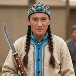 full color still of a Kazakh with braids and knives, 2011 cinematography, directed by Louis Leterrier