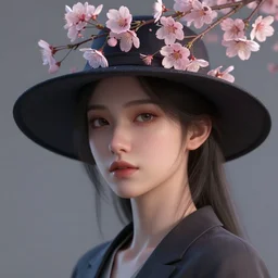 a portrait of a female wearing a hat with sakura on top, hyper detailed, digital art, cinematic lighting, studio quality, smooth render, unreal engine 5 rendered, octane rendered, artstation by klimt and nixeu and ian sprigger and wlop and krenz cushart