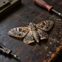 moth on a old dark wooden table, matte painting, from above, vintage, dusty, dust, volumetric lighting, screwdrivers, 8k, 4k, artstation, award winning shot