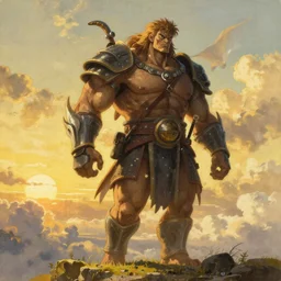 a beautiful ultradetailed painting of a colossus giant warrior walking through the edge of the world, golden hour, Albert Bierdstat, Makoto Shinkai, 4k, trending on artstation