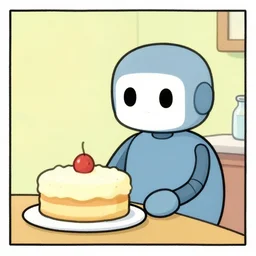 short cartoon strip, robot bakes a cake, by bill watterson