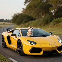 a professional photography husky dog driving a Lamborghini, golden hour