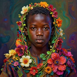colourful vfx art - portrait of nigerian boy wrapped in flowers & vines, art by zdzisaw beksinski & james jean, volumetric light, ray tracing, sharp, detailed, digital painting, illustration, highly detailed, intricate detail, unreal engine, octane render, global light, pinterest, behance, art station,