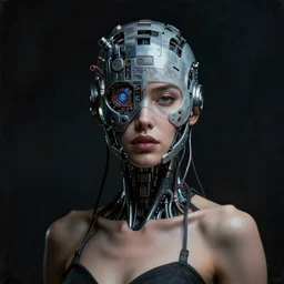 woman from blade runner joi, beautiful sexy woman head made of mech mask rendered in unreal engine, cyberpunk, dark, scifi, dark cyberntic wires and vessels coming from core processor, contrast, painted by david burliuk | bernard buffet | carne griffiths | stanislaw lem