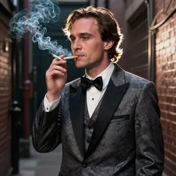 Heath Ledger smoking a cigarette back alley of prom, well lit, masterpiece photography, high quality, visual, sharp, backlit, gorgeous lighting