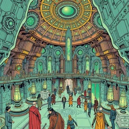detailed comic illustration of the interior of a scifi space station made of ornate elven architecture bustling with people by moebius, crystalline, emerald power cells, matte illustration by jean giraud moebius