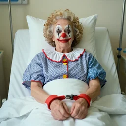 crazy old lady clown with wrist restraints in hospital bed
