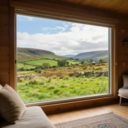 ultra wide angle photograph of cozy hygge tiny house with large window looking out at idyllic green scottish countryside, sunny, peaceful clouds