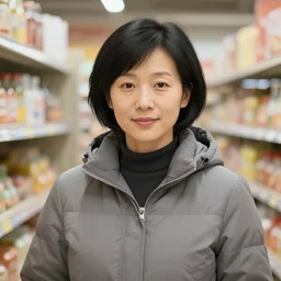 character design portrait of a kind chinese grocery woman short black hair, wearing a down jacket, looking at the camera, 4 k, concept art, by wlop, wenjun lin, watercolor, ilya kuvshinov, artgerm, krenz cushart, pixiv.