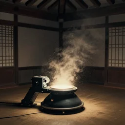 teleportation machine in a dimly lit room, light shining from the machine and illuminating the dust particles in the air, style of korean folk art