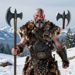 vfx movie tough bald man in furs, natural grizzled skin, streaks of red face paint grey beard, dual wielding detailed viking war axes, in snowy tahoe, god of war by emmanuel lubezki