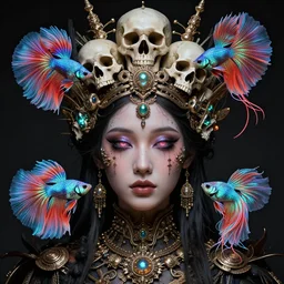 symmetrical, centered, goddess close-up portrait wigh crown made of skulls. phoenix betta fish, phoenix, bioluminiscent creature, super intricate ornaments artwork by Tooth Wu and wlop and alena aenami and greg rutkowski