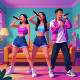 Asian women and Hispanic men rapping with microphone in living room, epic poses, distinct figures, digital art, vaporwave, psychedelic, surreal, hip hop, trending on Artstation, professional artist, detailed, 4k