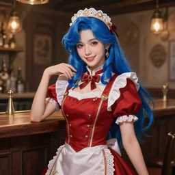 a smiling blue haired barmaid wearing a red dress in a rustic saloon, beautiful, fantasy, intricate and very beautiful and elegant, highly detailed, digital painting, artstation, concept art, smooth and sharp focus, illustration, art by tan zi and ayanamikodon and alphonse mucha and wlop