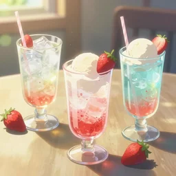 a still life painting of cold drinks, ice cream, strawberry embellishment, in the style of makoto shinkai, dreamy, soft, global illumination, radiant light, intricate environment, luminescence, highly detailed, 8 k
