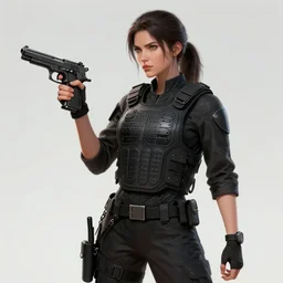 female wearing kevlar vest, holding m 1 9 1 1 pistol, concept art, contrapposto