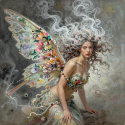 a colorful and provenance illustrations painting of the fantasy female who with floral wing, highly detailed, her hair made of hair made of air wind and curling smoke, mist, dust, genie, spirit fantasy concept art, art by charlie bowater and ketner, jeremiah, trending on artstation.