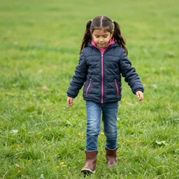 a seven years old spanish girl plays on a great green meadow, she wears a jacket, jeans and boots, she has two ponytails, photo taken by a nikon, highly detailed, sharp focus