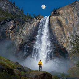el capitan in yosemite a beautiful matte painting trending on artstation, single waterfall, moon by thomas moran and james gurney and thomas kincade, hyperdetailed