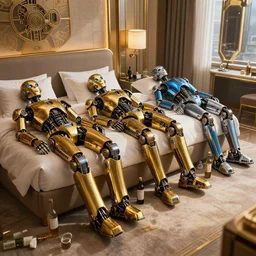 3 shiny golden and blue metallic steampunk humanoid robots sleeping on bed and floor in a luxury futuristic hotel room with empty bottles all over the floor, pressphoto, dawn light, insanely detailed, 3 5 mm lens, wide shot